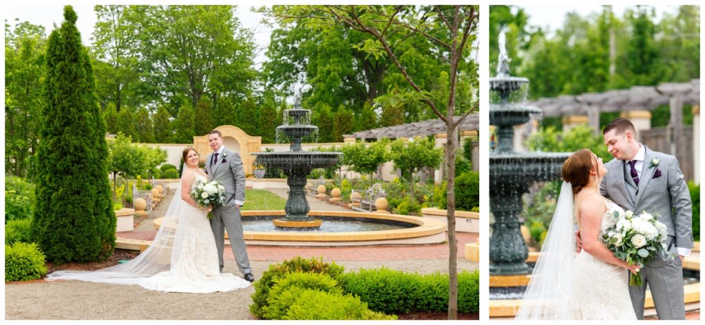 wedding portraits in front of a fountain at Paine Arts Center and Gardens
